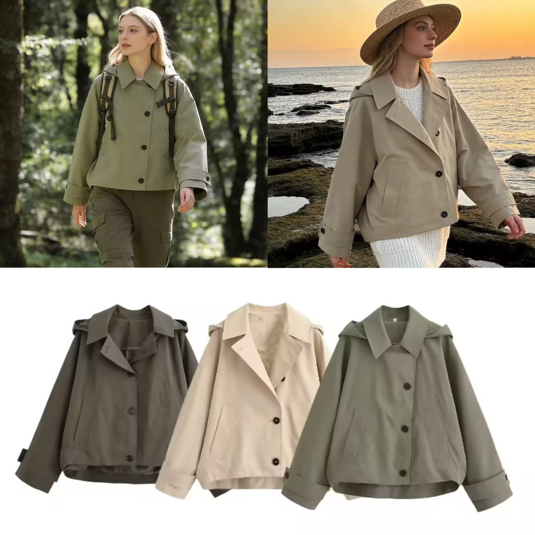 Damen Kurze Oversize-Trenchjacke mit Umlegekragen und Schulterklappen Echo Archiv