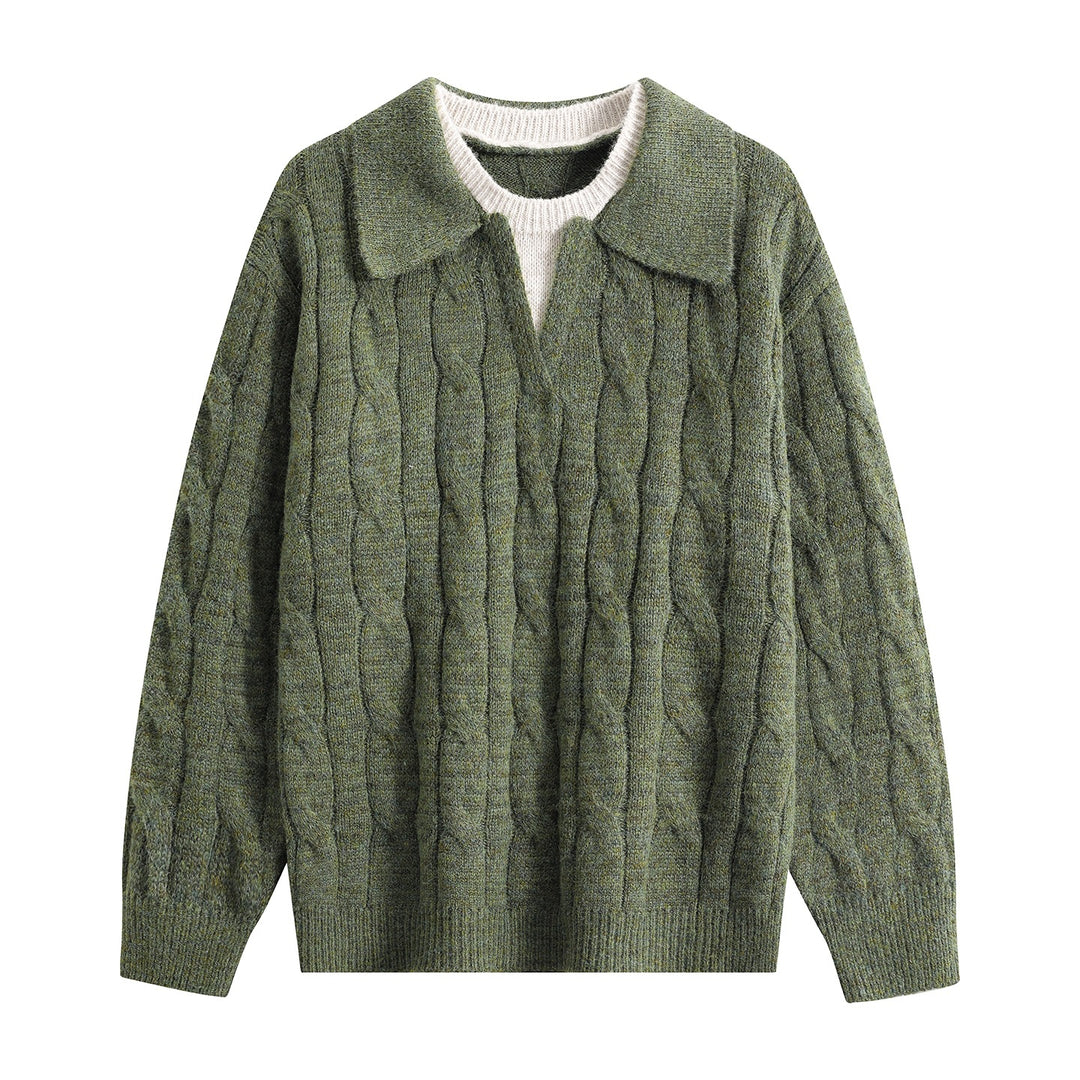 Damen Oversize Grobstrick-Pullover mit Polokragen und Zopfmuster Echoarchiv