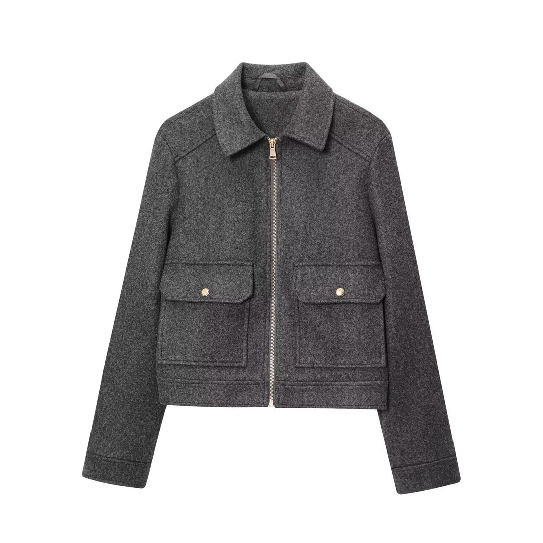 Damen Kurze Wollimitat-Fieldjacke mit durchgehendem Reißverschluss und vier aufgesetzten Pattentaschen Echo Archiv