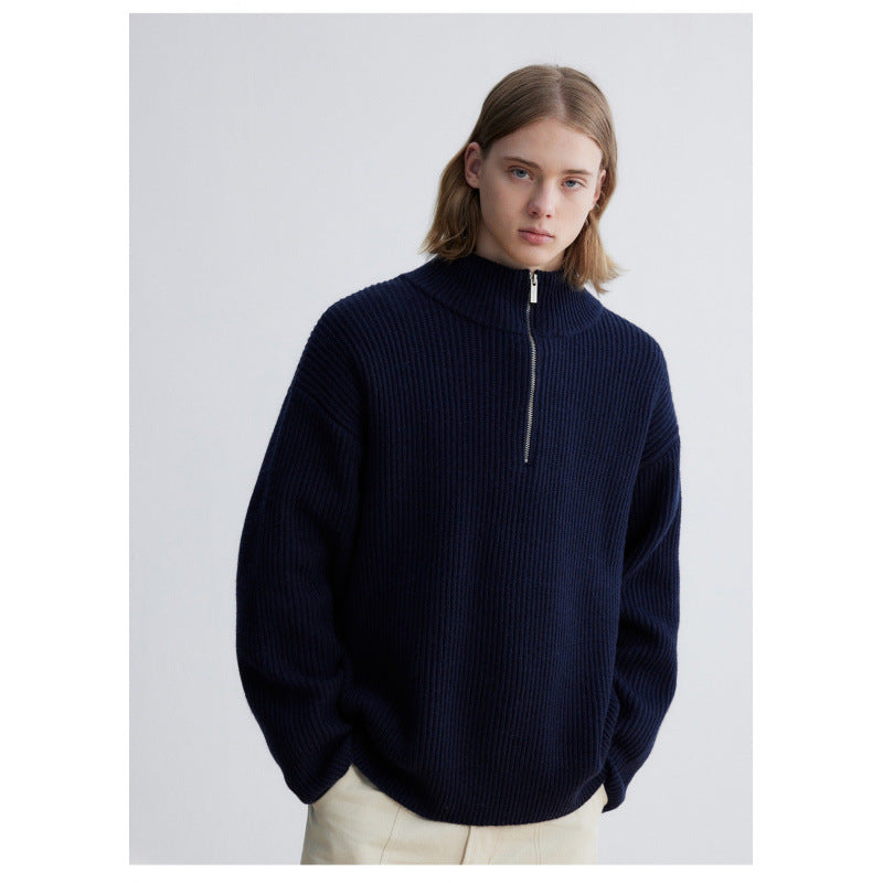 Herren Oversized-Rippenstrick Halbzip-Pullover mit Stehkragen Echoarchiv