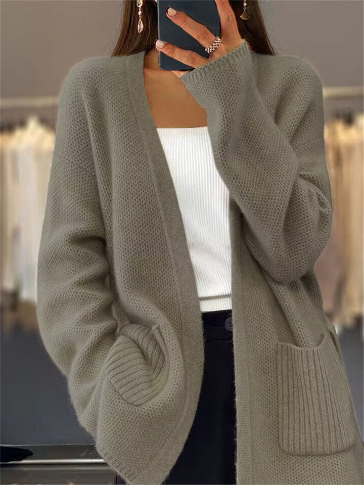 Damen nan lange Strickjacke mit Bindegürtel, aufgesetzten Rippentaschen und lockerem Waffelstrick Echo Archiv