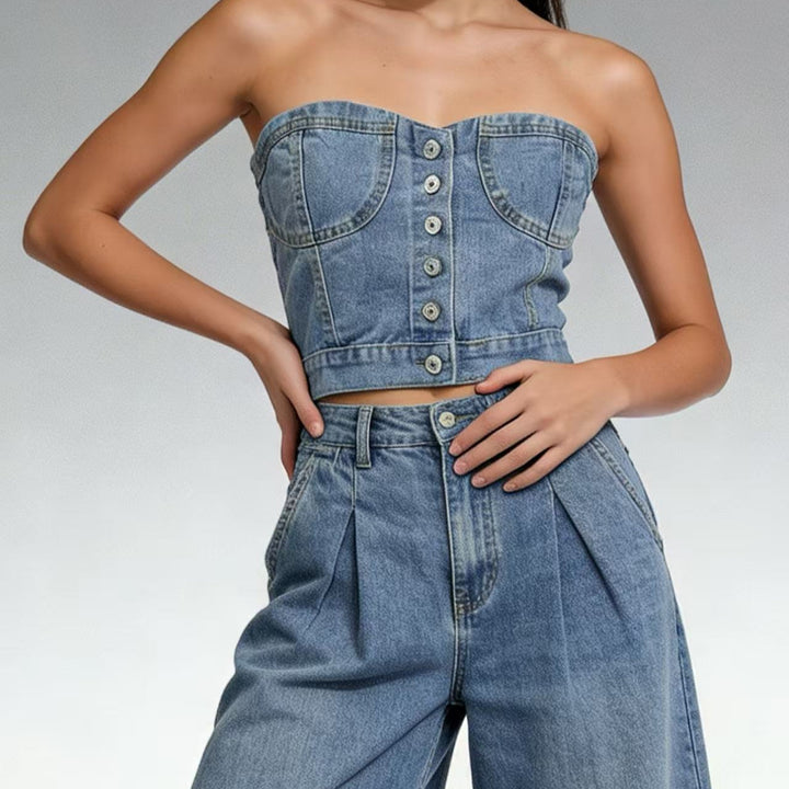 Damen Denim Bustier-Oberteil mit Knopfdetails und tailliertem Schnitt Echo Archiv