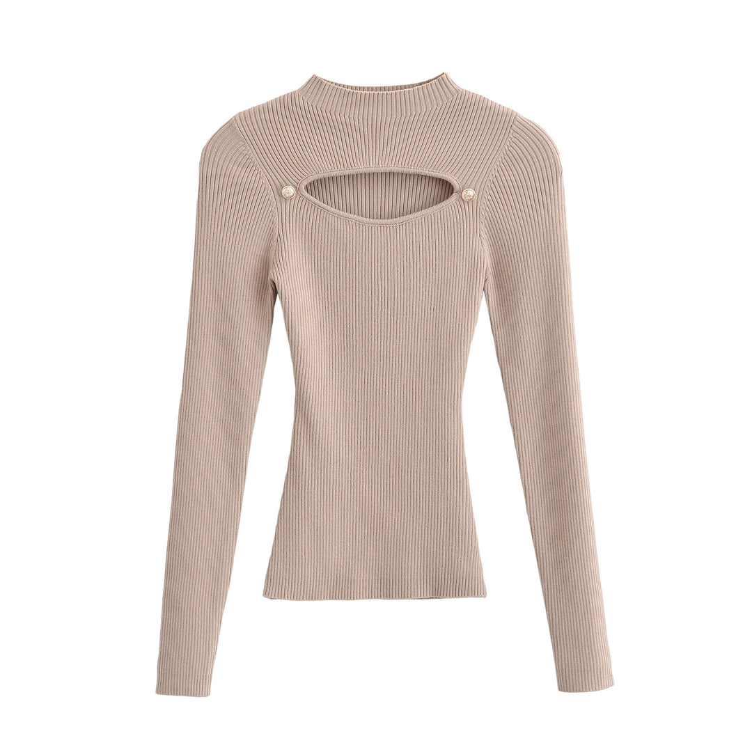 Damen Gerippter Stretch-Feinstrickpullover mit Brust-Cut-Out und Zierknöpfen Echoarchiv