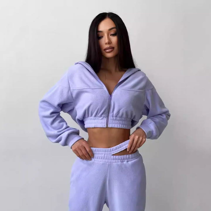 Damen Cropped Fleece-Set mit kurzem Zip-Hoodie und hoher Taillen-Jogginghose – Auréline
