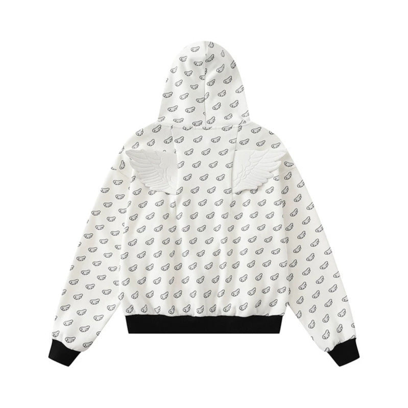 Damen Kapuzensweatjacke mit Allover‑Flügelmotiv, durchgehendem Reißverschluss und kontrastierenden Bündchen Echoarchiv
