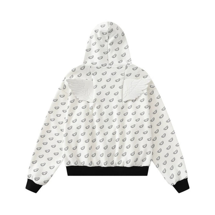 Damen Kapuzensweatjacke mit Allover‑Flügelmotiv, durchgehendem Reißverschluss und kontrastierenden Bündchen Echoarchiv
