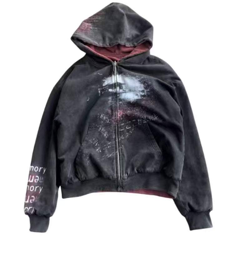 Unisex nan Kapuzenjacke mit durchgehendem Reißverschluss, Used‑Effekt, doppellagiger Kapuze und Ärmeldruck Echo Archiv