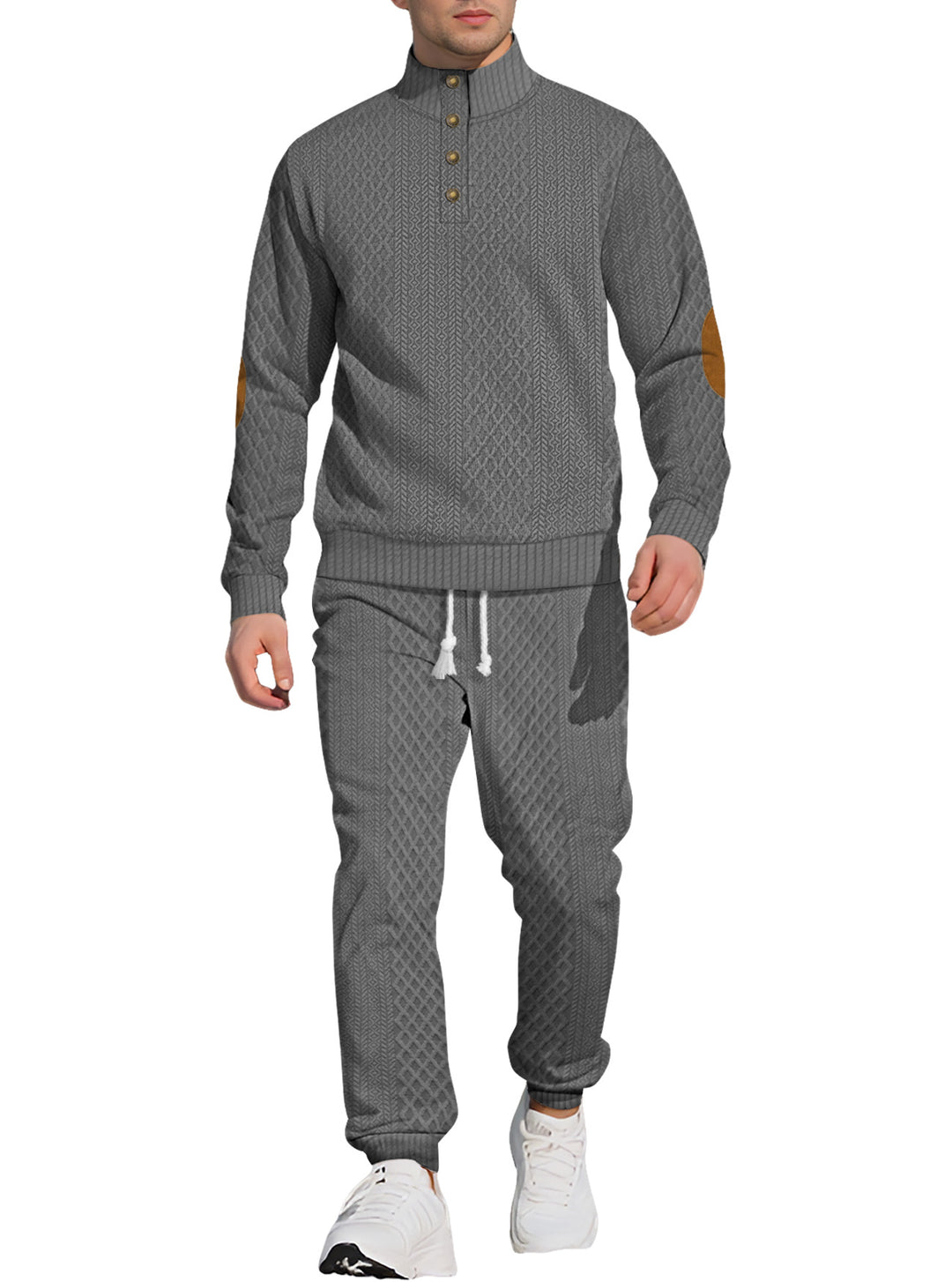 Herren nan strukturiertes Strick-Freizeitset mit Halbknopf-Stehkragen Wildleder-Ellbogenpatches und Kordelbund-Jogger Echo Archiv