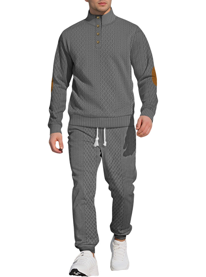 Herren nan strukturiertes Strick-Freizeitset mit Halbknopf-Stehkragen Wildleder-Ellbogenpatches und Kordelbund-Jogger Echo Archiv