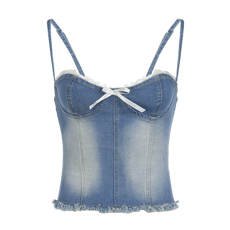 Damen Denim-Crop-Top mit Rüschendetails und zierlichem Schnürverschluss Echo Archiv