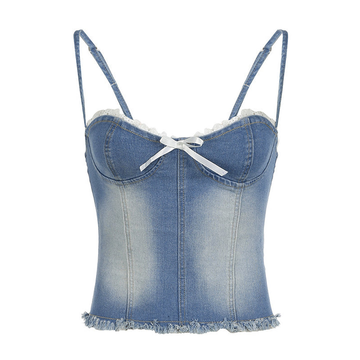 Damen Denim-Crop-Top mit Rüschendetails und zierlichem Schnürverschluss Echo Archiv