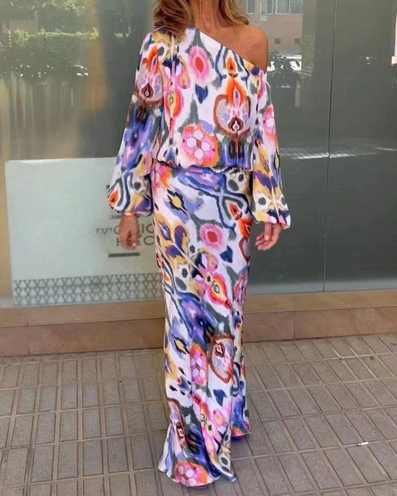 Damen Maxikleid mit asymmetrischer Ein-Schulter, fließendem Satin und Glockenärmeln – Valéora