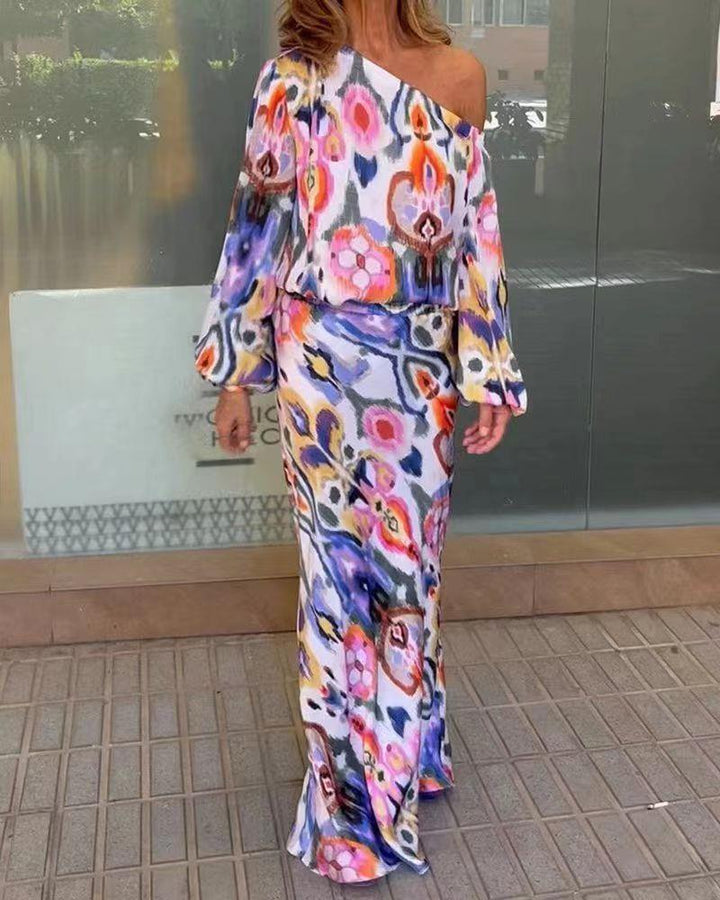 Damen Maxikleid mit asymmetrischer Ein-Schulter, fließendem Satin und Glockenärmeln – Valéora
