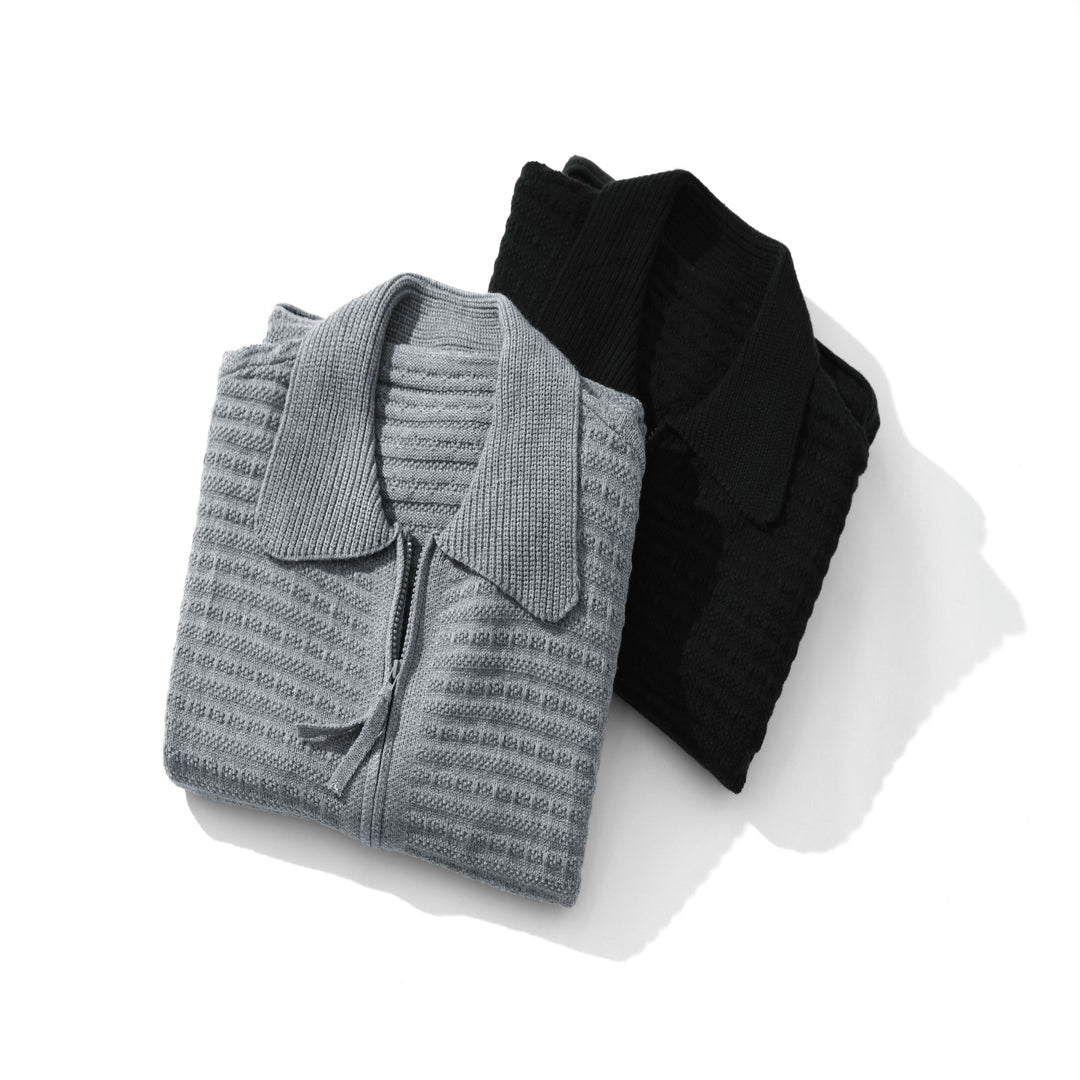 Unisex Strukturiertes Zip-Strickcardigan mit großem Reverskragen Echoarchiv