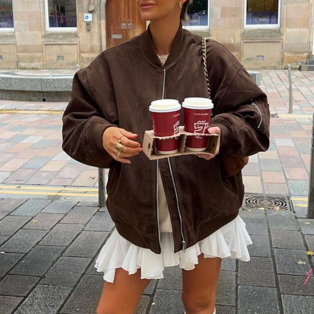 Damen Oversize-Suede-Bomberjacke mit Reißverschluss & gerippten Bündchen Echoarchiv