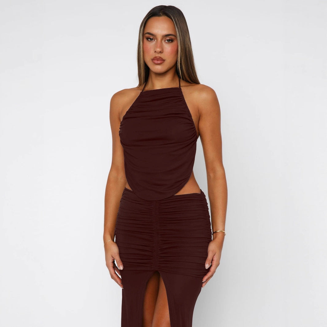 Damen Elegantes Maxikleid mit asymmetrischem Halterhals und ausgefallenem Schlitz Echo Archiv