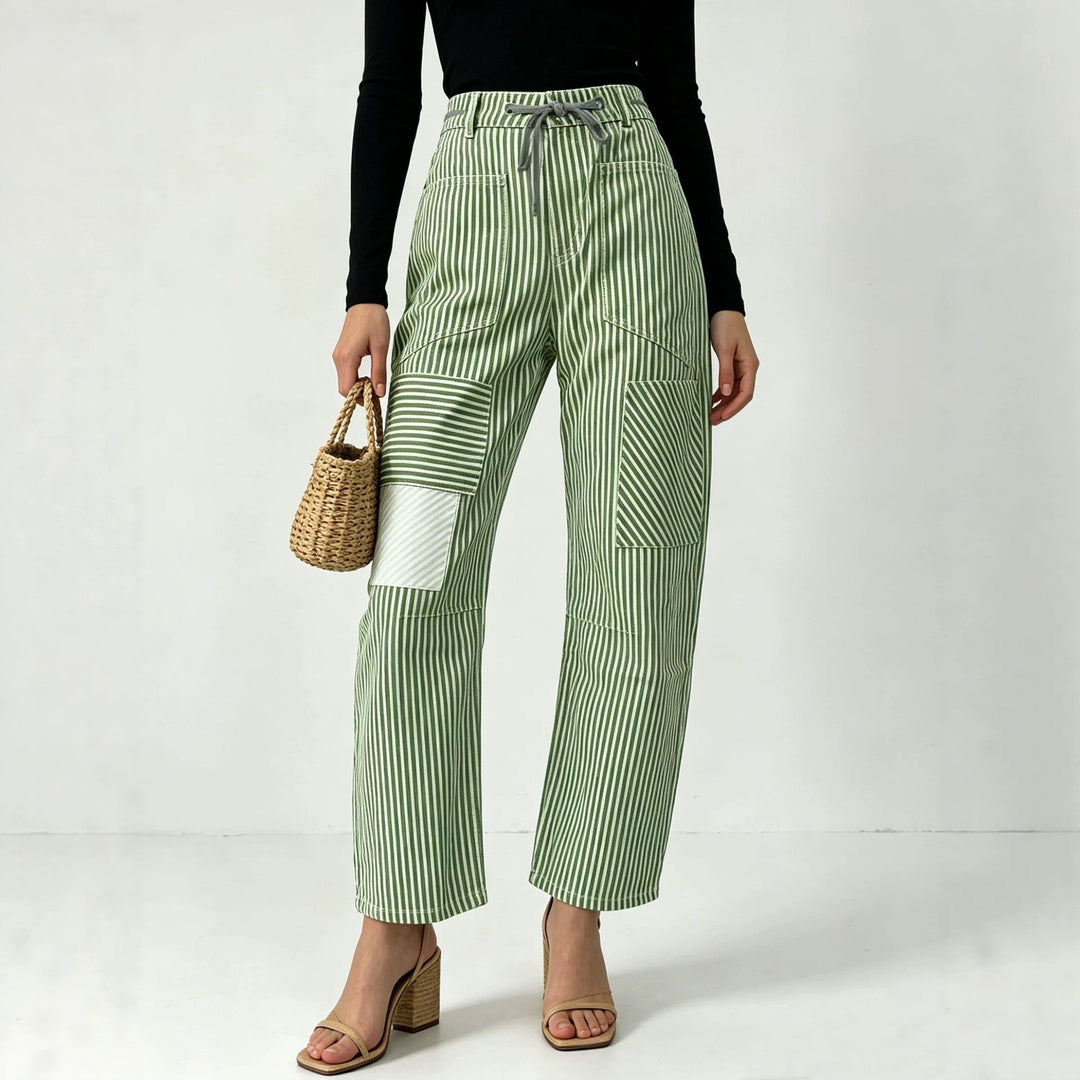 Damen nan High‑Waist Relaxed‑Hose mit vertikalem Streifenmuster, aufgesetzten Knie‑Patches und Kordelzug Echo Archiv