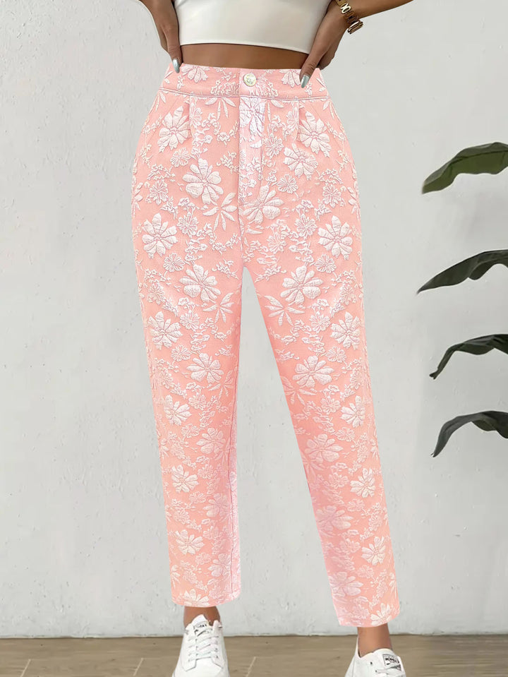 Damen Hochtaillierte Bundfalten‑Hose mit floralem Jacquard und geradem Bein – Avélisse