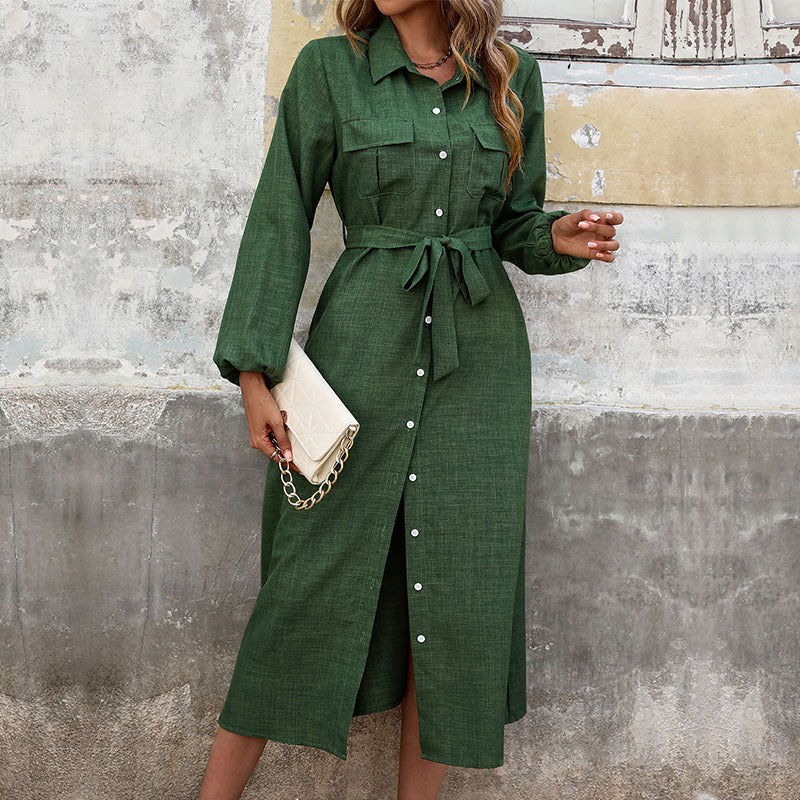 Damen Langärmeliges Hemdblusenkleid im Leinenlook mit Taillenbinder und Frontschlitz – Élara