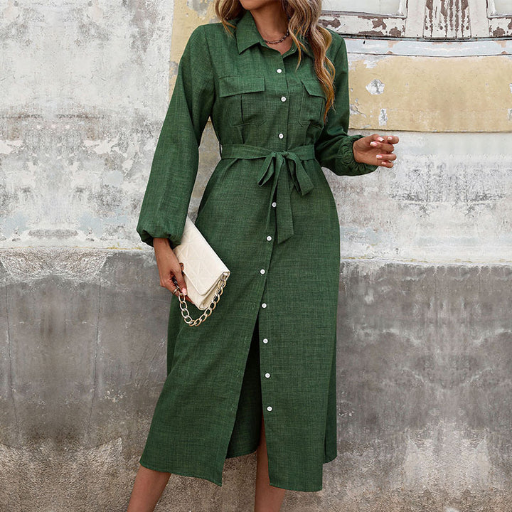 Damen Langärmeliges Hemdblusenkleid im Leinenlook mit Taillenbinder und Frontschlitz – Élara
