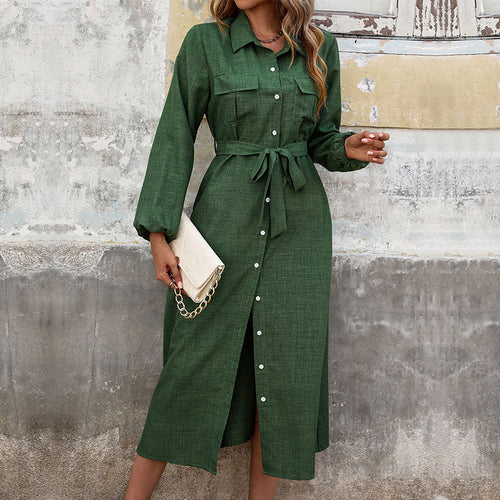Damen Langärmeliges Hemdblusenkleid im Leinenlook mit Taillenbinder und Frontschlitz – Élara