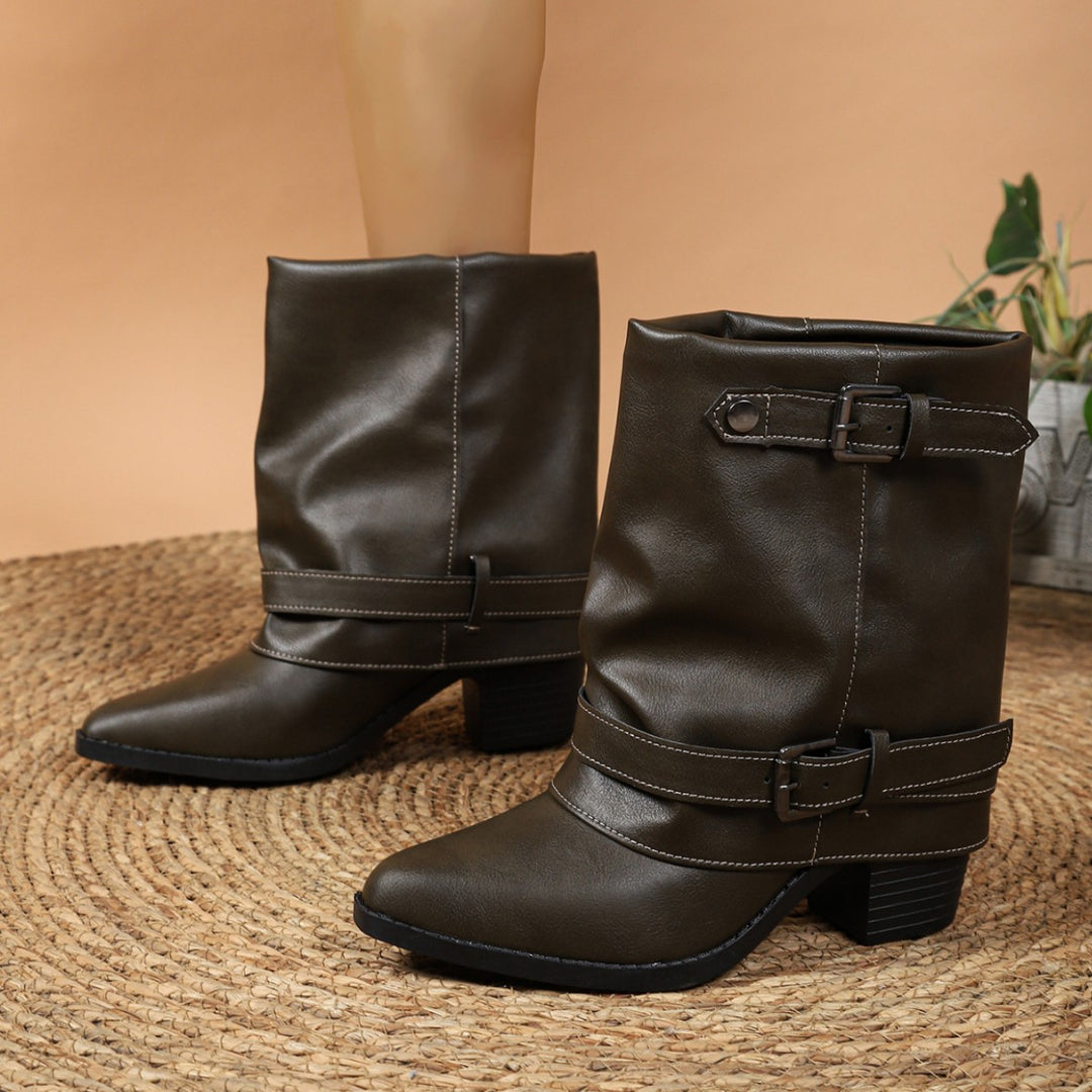 Damen halbhohe Stiefel mit dekorativen Schnallenriemen und Blockabsatz Echoarchiv