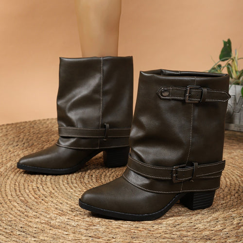 Damen halbhohe Stiefel mit dekorativen Schnallenriemen und Blockabsatz Echoarchiv