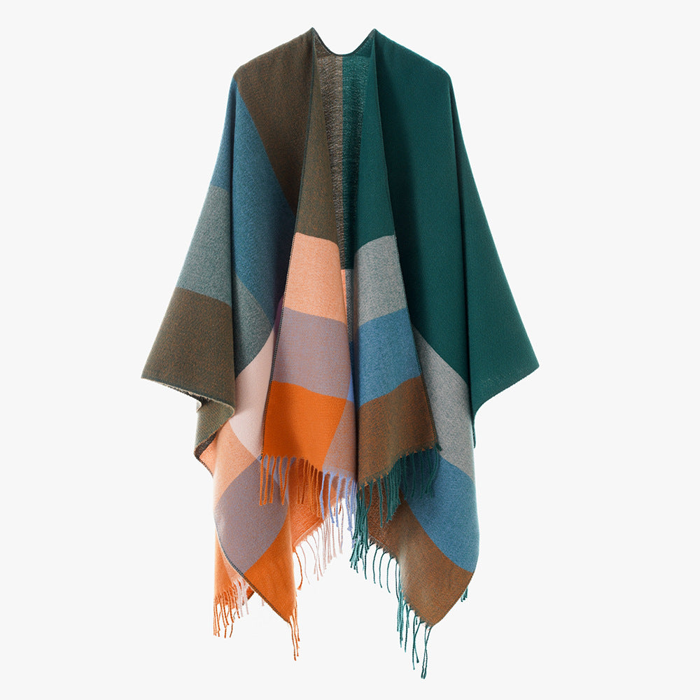 Damen Farbblock-Poncho aus Wollmix mit Fransensaum und asymmetrischem Schnitt – Avérine