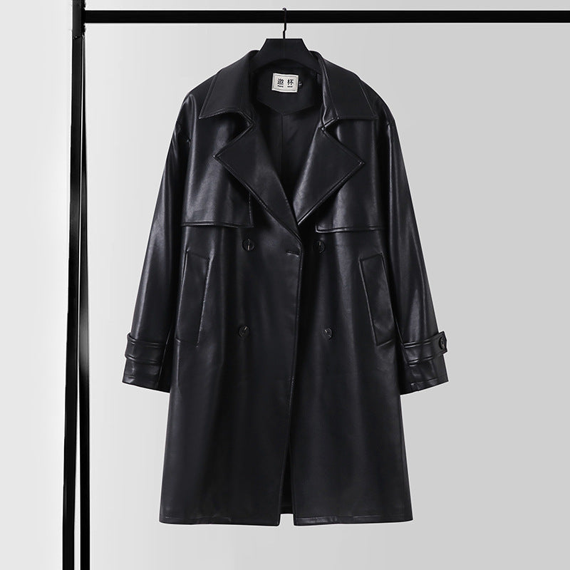 Herren Lederimitat-Trenchcoat mit Doppelreiher, Oversize-Schnitt und Manschettenriegel Echoarchiv