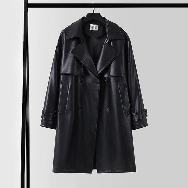 Herren Lederimitat-Trenchcoat mit Doppelreiher, Oversize-Schnitt und Manschettenriegel Echoarchiv