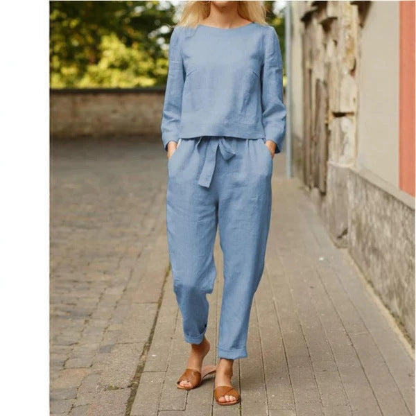 Damen Lässiges Leinen-Loungewear-Set mit Rundhalsausschnitt, Bindegürtel und knöchellanger Hose – Élanora