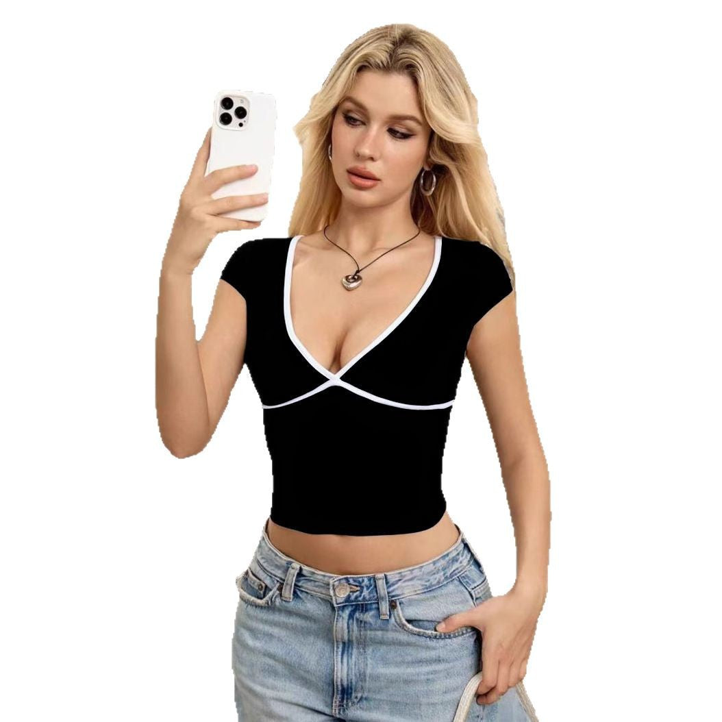 Damen Crop-Top mit V-Ausschnitt und Kontrastbesatz Echo Archiv
