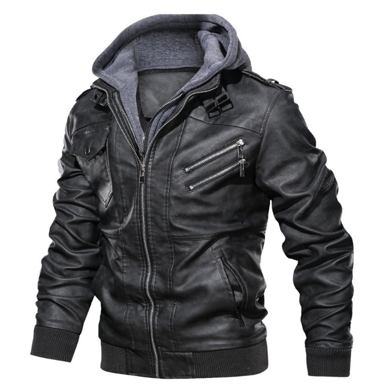 Herren Kunstleder-Bomberjacke mit Kapuze Fleece-Innenfutter und Multifachtaschen – Brevano