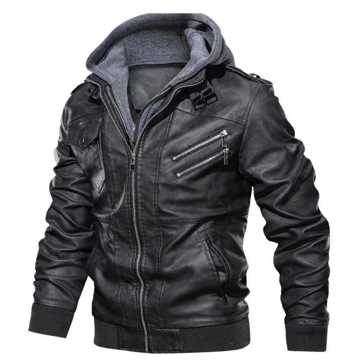 Herren Kunstleder-Bomberjacke mit Kapuze Fleece-Innenfutter und Multifachtaschen – Brevano