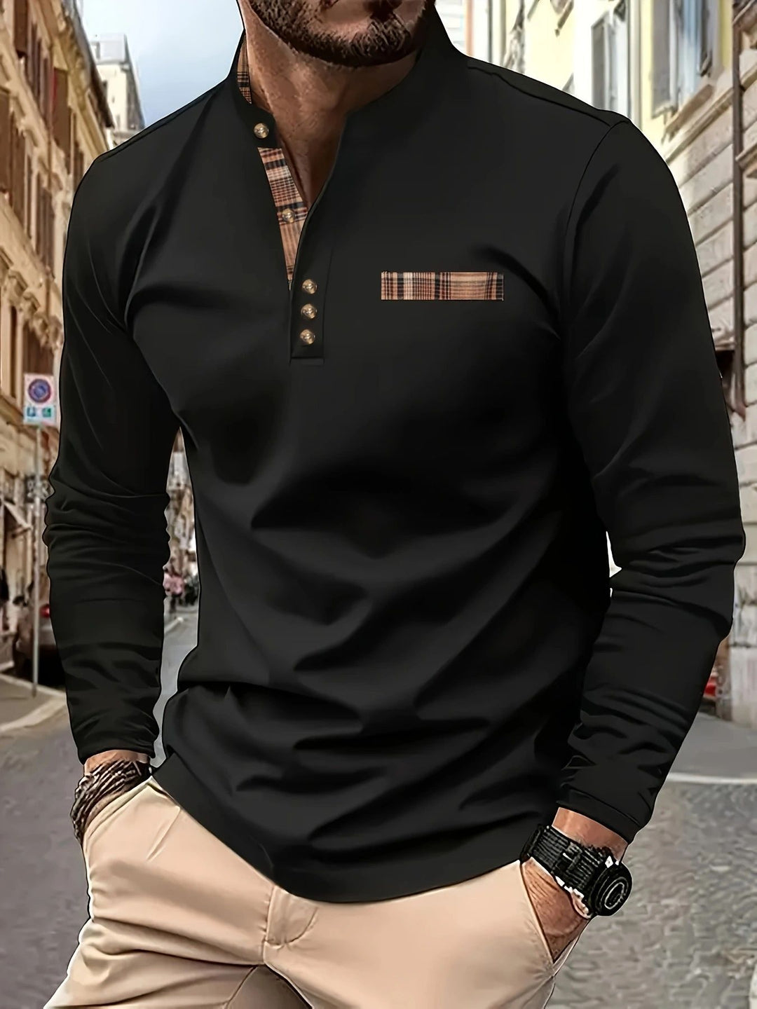 Herren langärmliges Poloshirt mit modernem Karomuster Echoarchiv