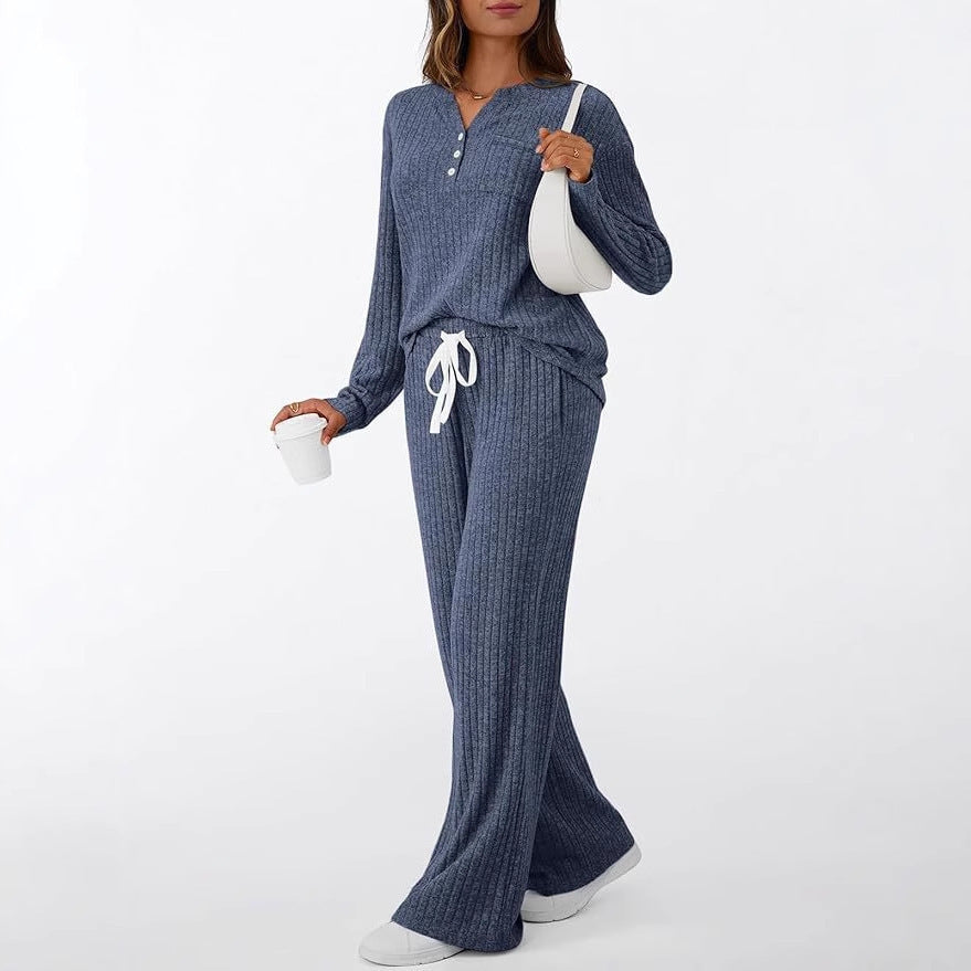 Damen Rippstrick-Lounge-Set mit Knopfleiste und weitem Kordelbund-Hose – Mavelle