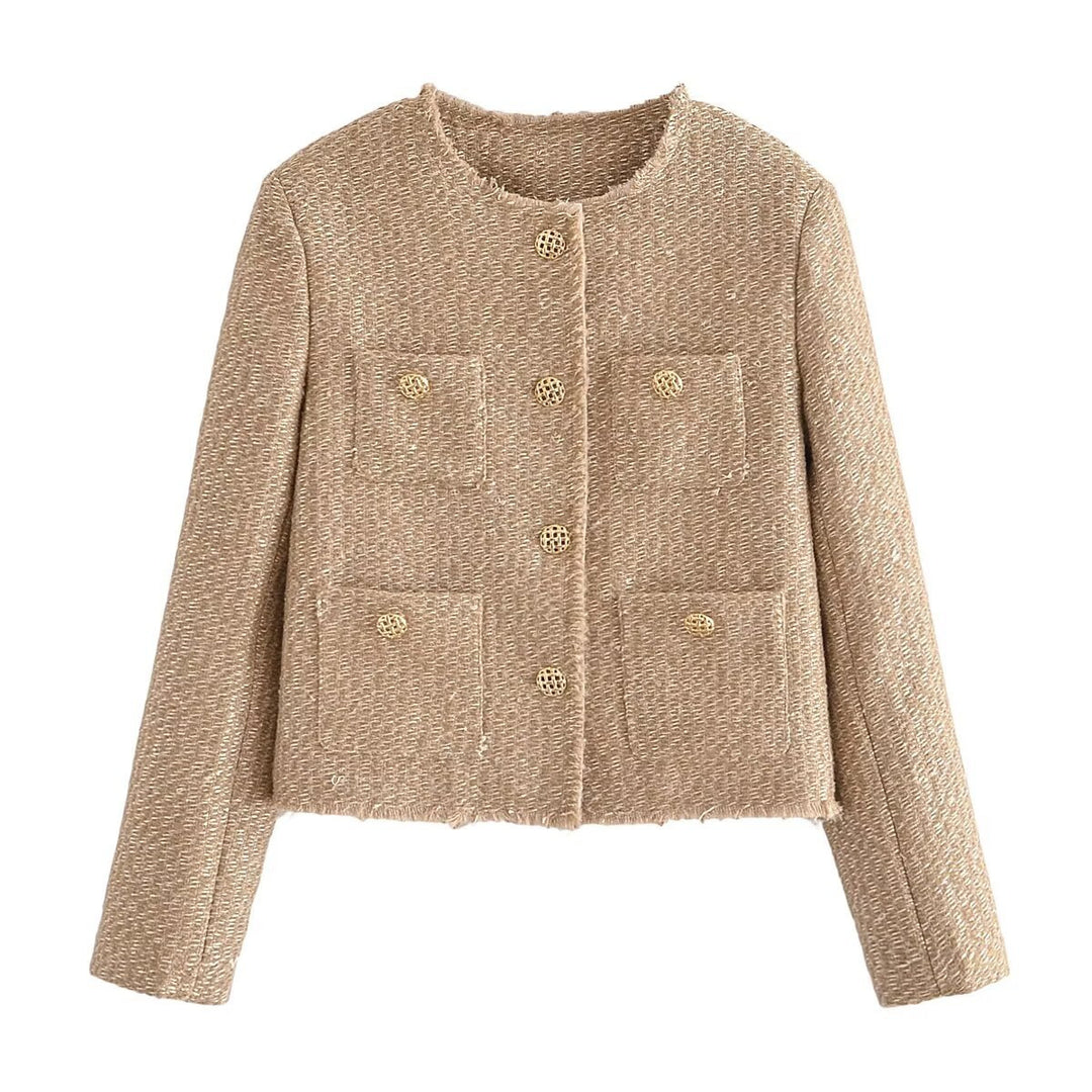 Damen cropped Tweed-Kurzjacke mit Rundhalsausschnitt, goldenen Zierknöpfen und aufgesetzten Taschen – Célinea