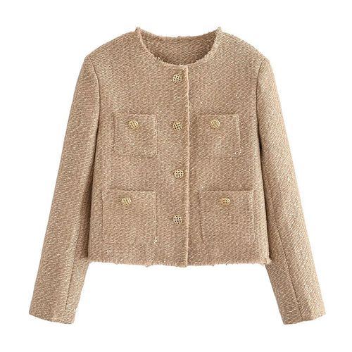 Damen cropped Tweed-Kurzjacke mit Rundhalsausschnitt, goldenen Zierknöpfen und aufgesetzten Taschen – Célinea