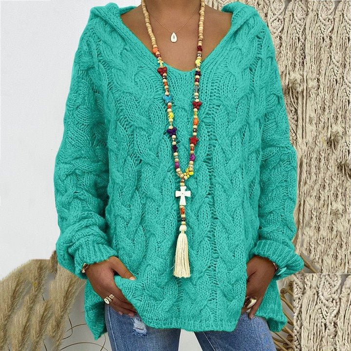 Damen Oversized Zopfmuster-Strickpullover mit Kapuze und lässigem V‑Ausschnitt Echo Archiv