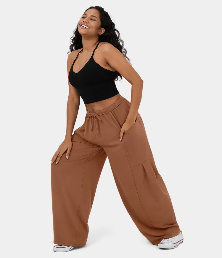Damen Weite Relax‑Hose mit hohem Elastikbund, Tunnelzug und großen Cargo-Taschen – Avérine