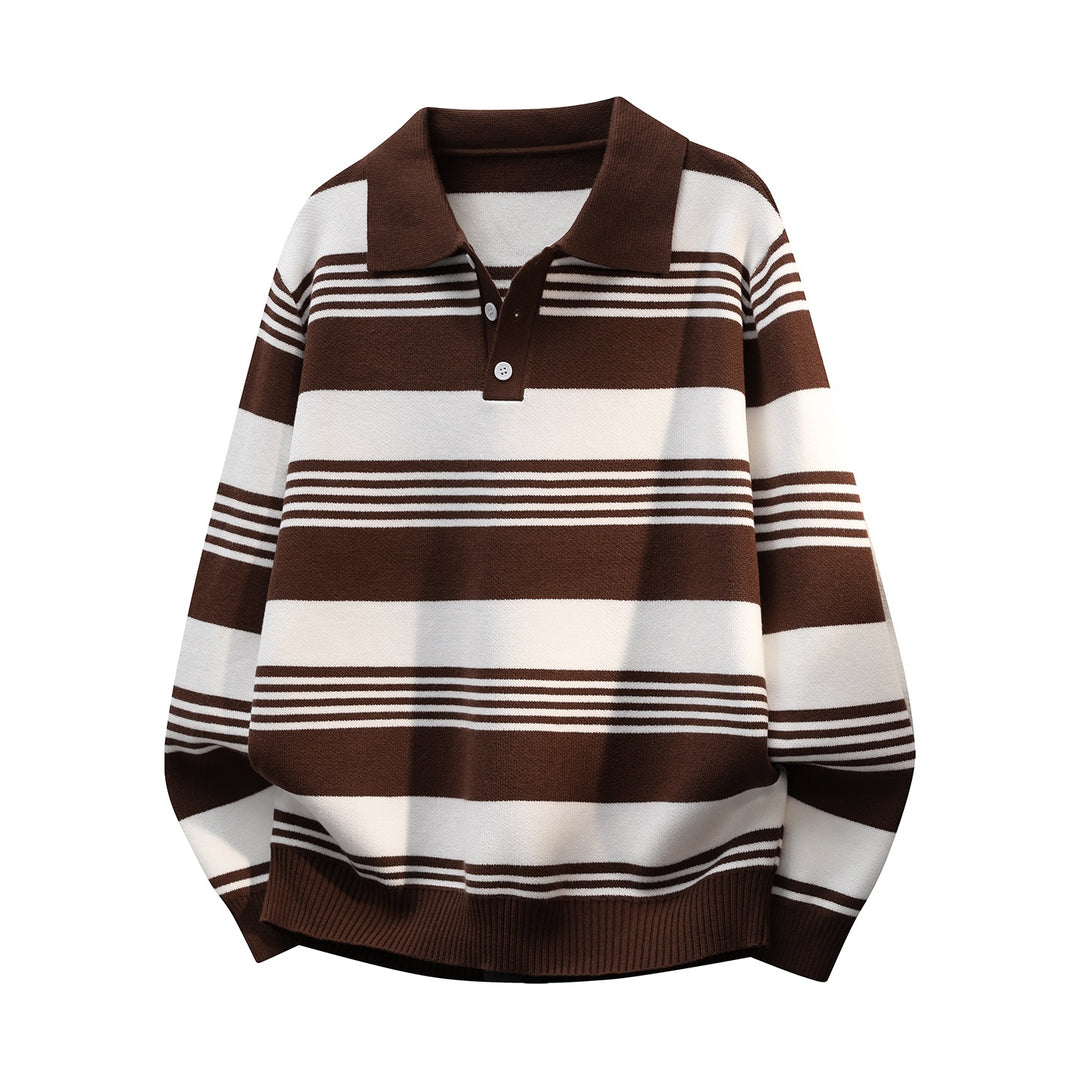 Damen Oversize Langarm-Polo-Strickpullover mit Retro-Streifen und Brustknopfleiste Echoarchiv