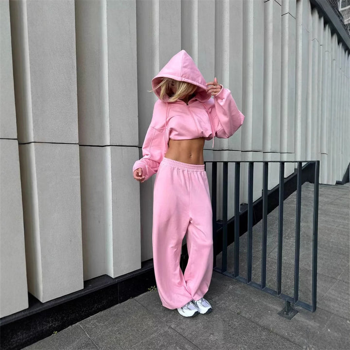 Damen nan kurz geschnittenes Zip-Hoodie und Highwaist Sweathose Lounge-Set mit Kapuze Echo Archiv