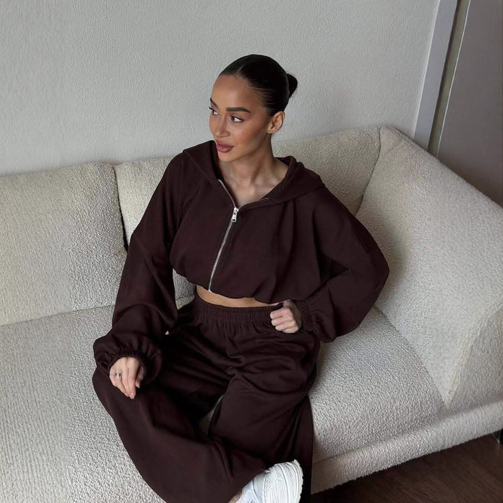 Damen Cropped-Zip-Hoodie und weite High-Waist-Loungehose Zweiteiler – Auréline