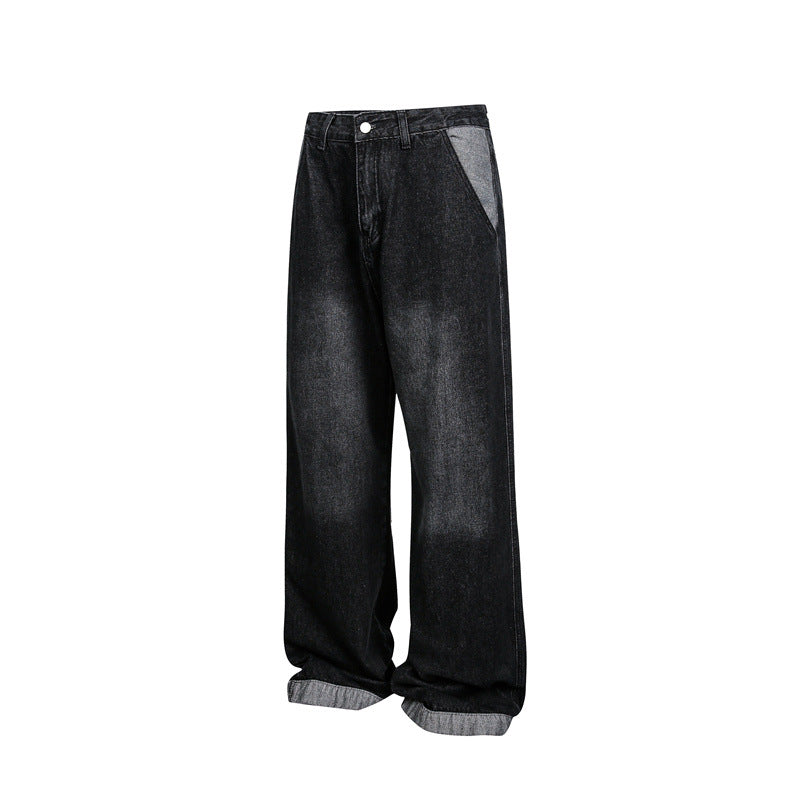 Unisex Weite Baggy-Denimhose mit hohem Bund und kontrastierten Eingrifftaschen Echoarchiv