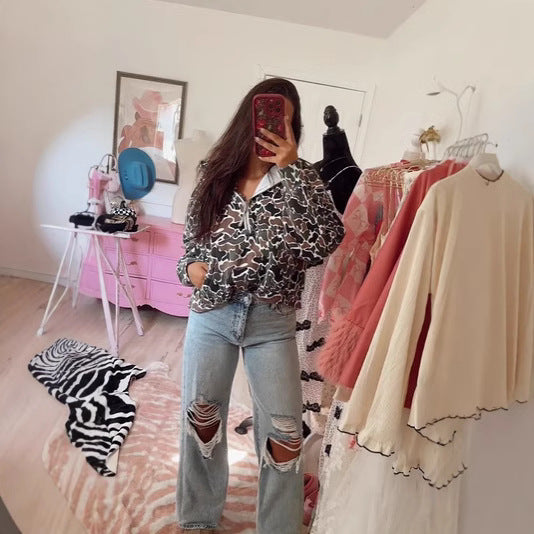 Damen Oversize Kapuzen-Half-Zip-Sweatshirt mit gefütterter Kapuze und Allover-Print – Mavelle