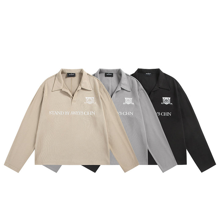 Unisex Langärmeliges Rugby-Polo mit offenem Kentkragen und Brustprint Echoarchiv