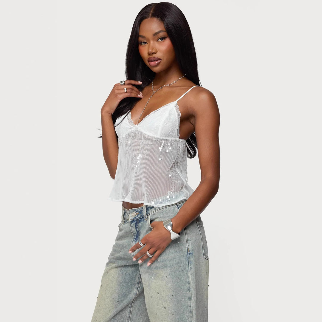 Damen Spitzentop mit funkelnden Pailletten und zarten Trägern Echo Archiv