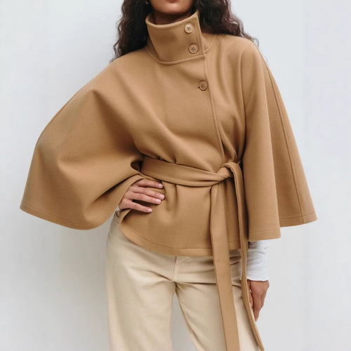 Damen Wollmantel im Cape‑Stil mit Stehkragen und Taillengürtel – Montévia