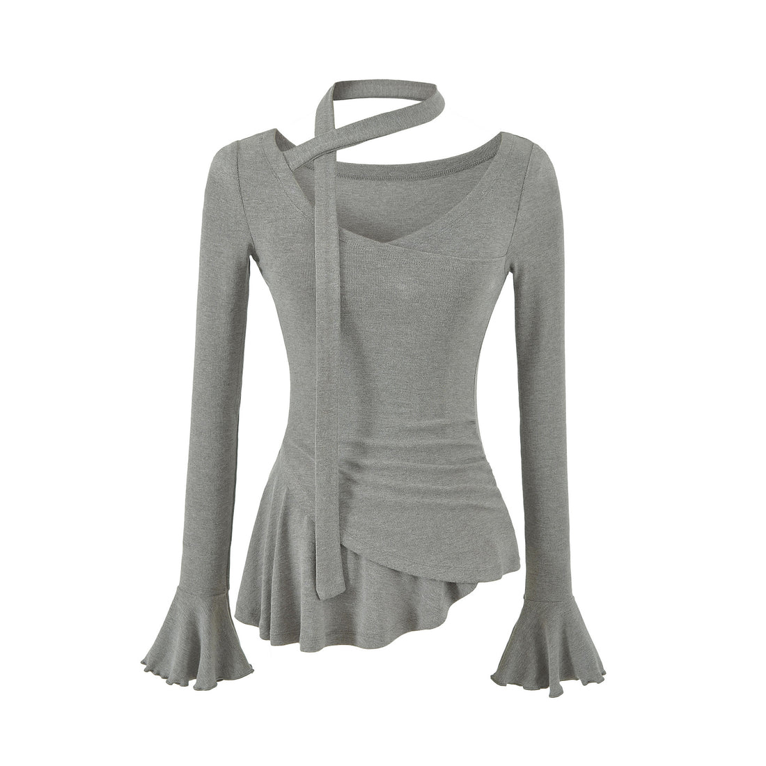Damen Asymmetrisches tailliertes Langarm-Top mit Wickelschal, ausgestellten Volantärmeln und Stufenpeplum Echoarchiv