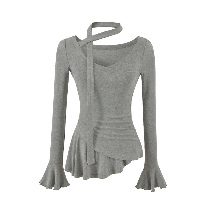 Damen Asymmetrisches tailliertes Langarm-Top mit Wickelschal, ausgestellten Volantärmeln und Stufenpeplum Echoarchiv